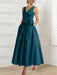 Ink Blue satin mother of the bride ankle dress with bow sash and pockets