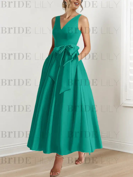 Jade satin mother of the bride ankle dress with bow sash and pockets