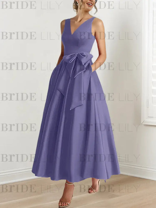Lavender satin mother of the bride ankle dress with bow sash and pockets