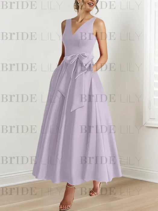 Lilac satin mother of the bride ankle dress with bow sash and pockets