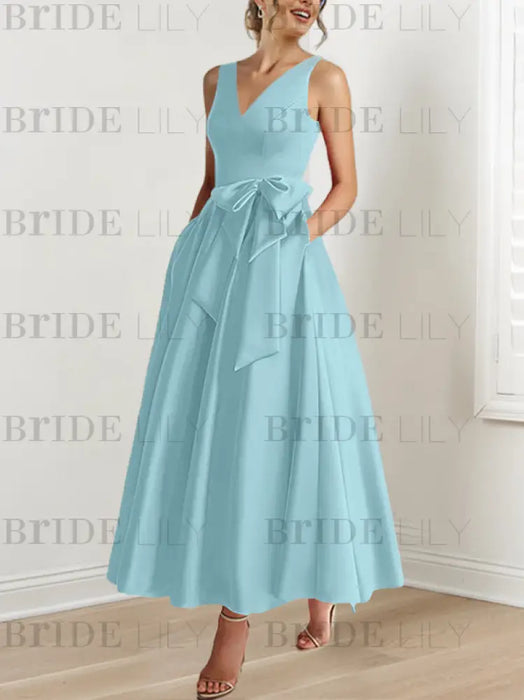 Mist Blue satin mother of the bride ankle dress with bow sash and pockets