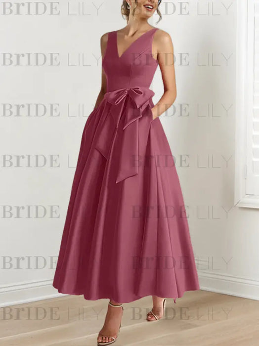 Mulberry satin mother of the bride ankle dress with bow sash and pockets