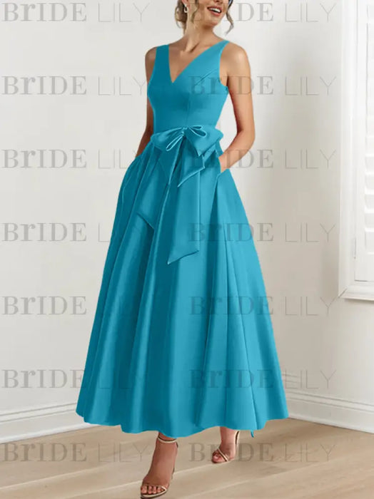 Ocean Blue satin mother of the bride ankle dress with bow sash and pockets