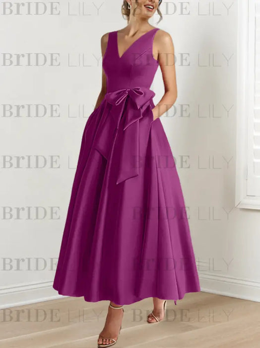 Orchid satin mother of the bride ankle dress with bow sash and pockets