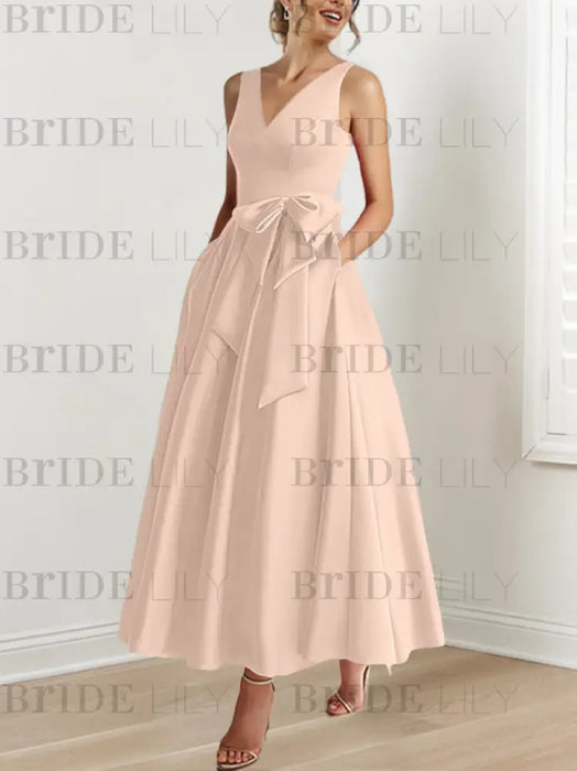 Pearl Pink satin mother of the bride ankle dress with bow sash and pockets