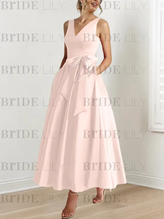 Petal satin mother of the bride ankle dress with bow sash and pockets