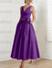 Plum satin mother of the bride ankle dress with bow sash and pockets