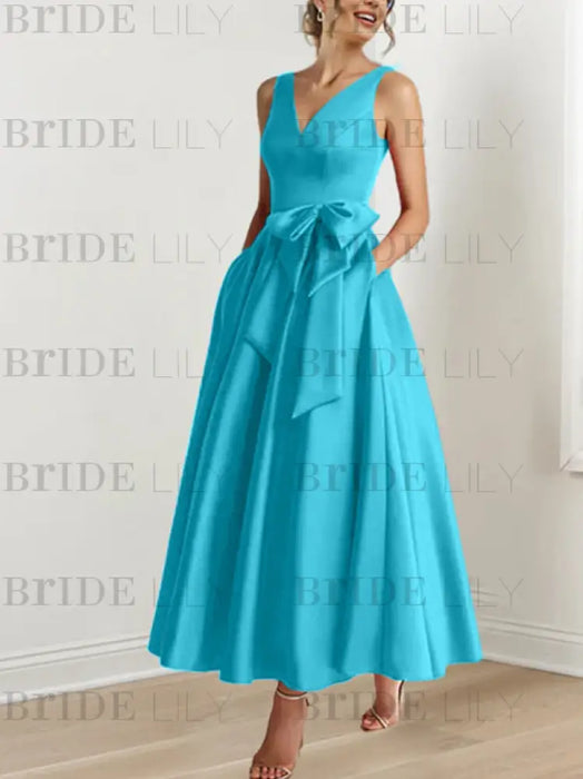 Pool satin mother of the bride ankle dress with bow sash and pockets