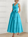 Pool satin mother of the bride ankle dress with bow sash and pockets