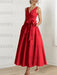 Red satin mother of the bride ankle dress with bow sash and pockets