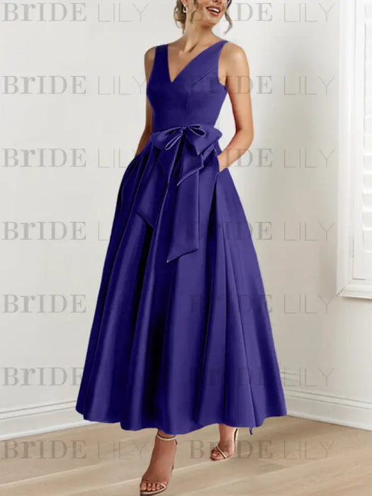 Regency satin mother of the bride ankle dress with bow sash and pockets