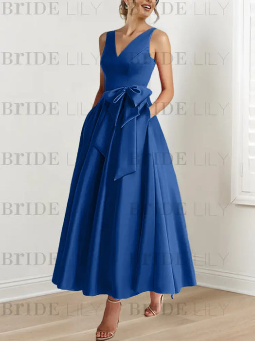 Royal Blue satin mother of the bride ankle dress with bow sash and pockets