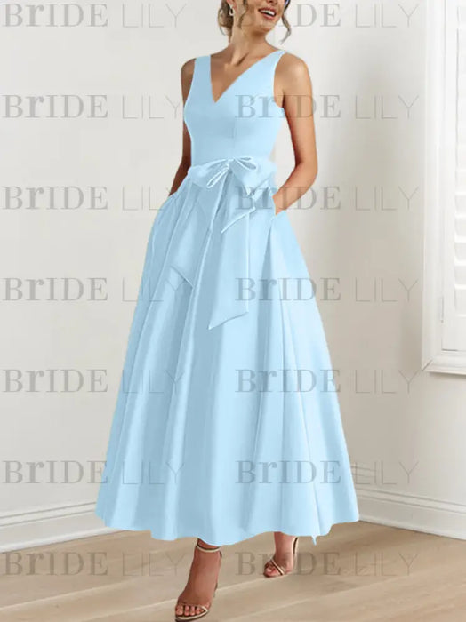 Sky Blue satin mother of the bride ankle dress with bow sash and pockets