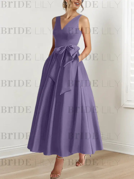 Tahiti satin mother of the bride ankle dress with bow sash and pockets