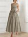 Taupe satin mother of the bride ankle dress with bow sash and pockets