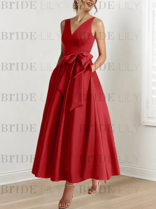 Wine Red satin mother of the bride ankle dress with bow sash and pockets