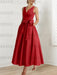 Wine Red satin mother of the bride ankle dress with bow sash and pockets