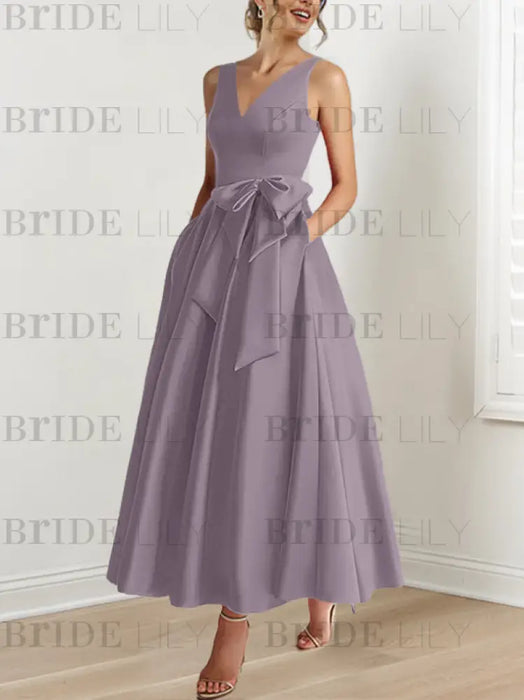 Wisteria satin mother of the bride ankle dress with bow sash and pockets