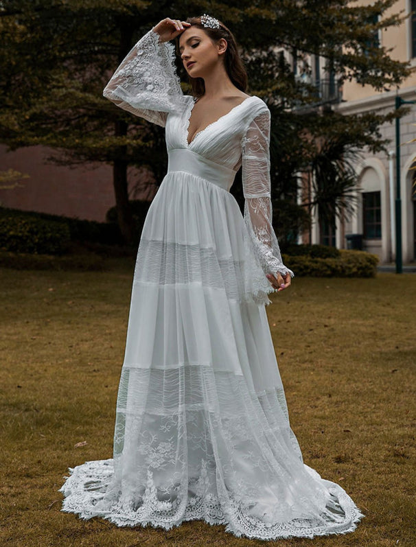 Long Lace Cap Sleeves Chiffon Gown with V Neck Moss