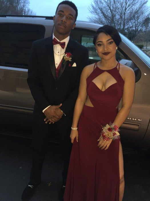 Bridelily 2019 Burgundy Mermaid Prom Dresses Cutouts Side Slit Long Sexy Maroon Evening Gowns - Prom Dresses