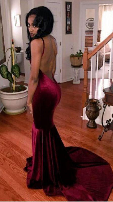 Bridelily 2019 Burgundy Velvet Prom Dress Backless Deep V-neck Sheath Evening Gowns Cheap - Prom Dresses
