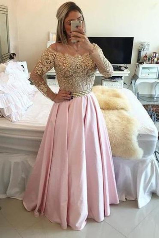 Bridelily 2019 Gold Pink Prom Dresses Long Sleeves Crystals Beaded Off the Shoulder Illusion Lace Evening Gowns Bar0020 - Prom Dresses
