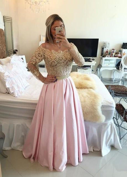 Bridelily 2019 Gold Pink Prom Dresses Long Sleeves Crystals Beaded Off the Shoulder Illusion Lace Evening Gowns Bar0020 - Prom Dresses