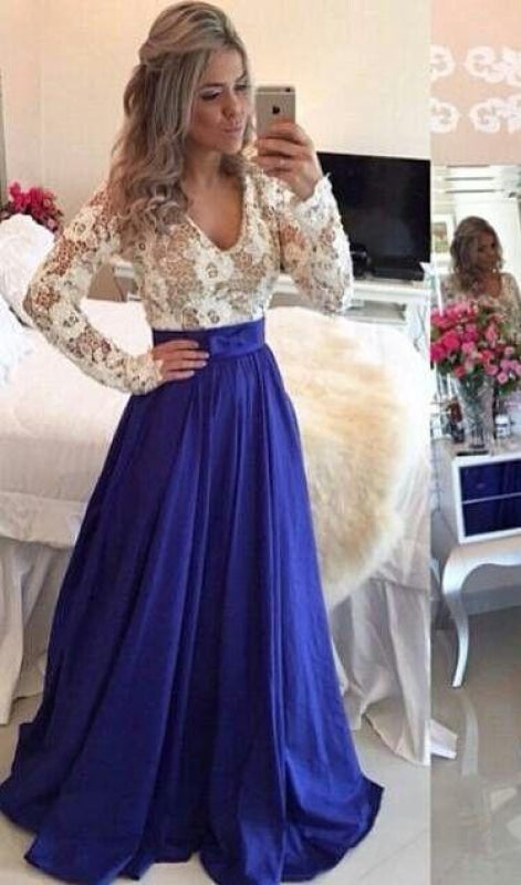 Bridelily 2019 Lace Long Sleeves Prom Dresses V Neck Sheer Open Back Beaded Evening Gowns - Prom Dresses