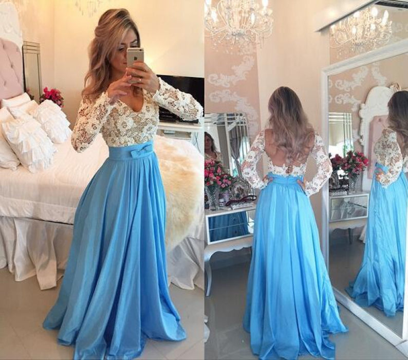 Bridelily 2019 Lace Long Sleeves Prom Dresses V Neck Sheer Open Back Beaded Evening Gowns - Prom Dresses