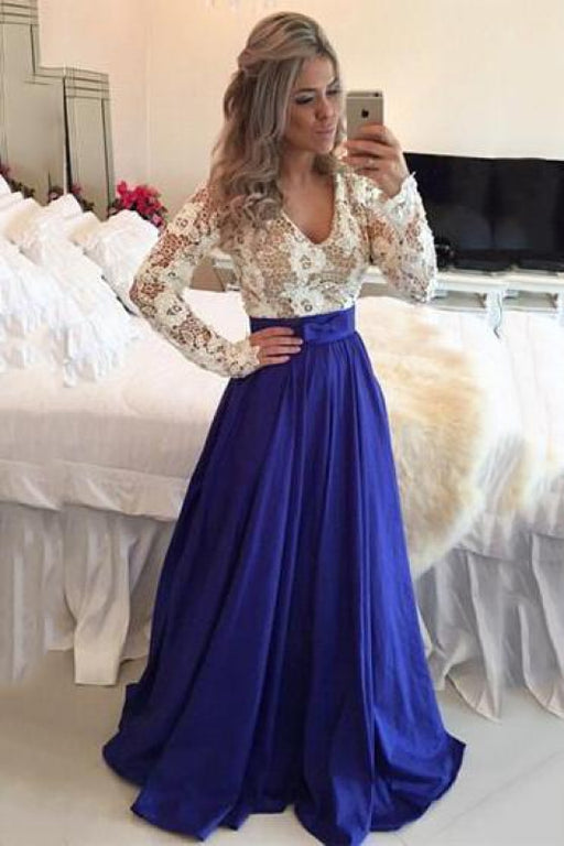 Bridelily 2019 Lace Long Sleeves Prom Dresses V Neck Sheer Open Back Beaded Evening Gowns - Prom Dresses
