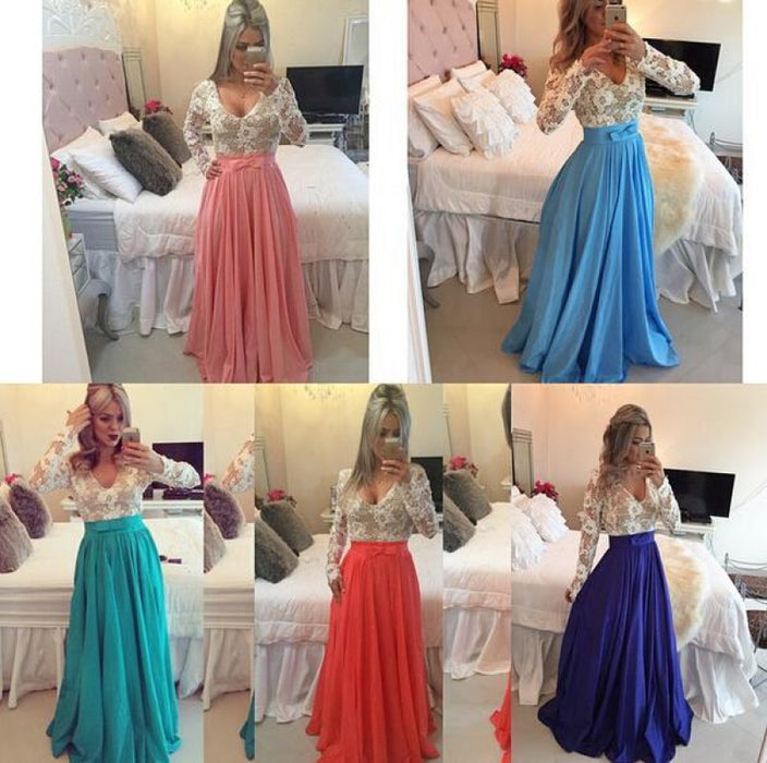 Bridelily 2019 Lace Long Sleeves Prom Dresses V Neck Sheer Open Back Beaded Evening Gowns - Prom Dresses