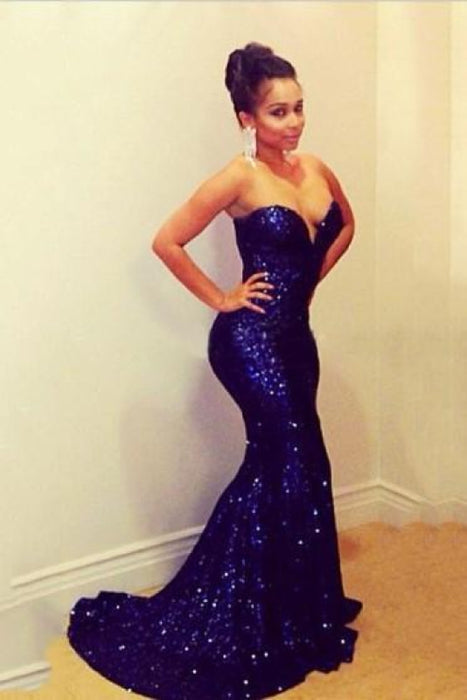 Bridelily 2019 Sparkly Sequined Prom Dress Sweetheart Sequined Mermaid Sexy Evening Gowns with Train - Prom Dresses