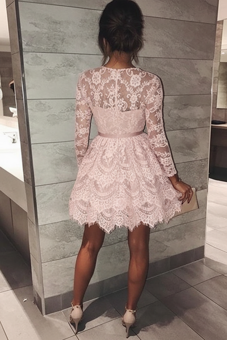 Bridelily A-Line Bateau Long Sleeves With Beading Lace Short/Mini Dresses - Prom Dresses