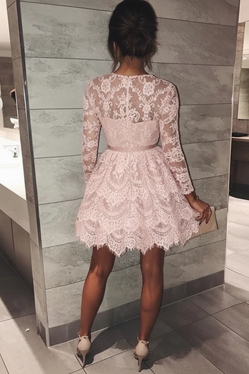 Bridelily A-Line Bateau Long Sleeves With Beading Lace Short/Mini Dresses - Prom Dresses