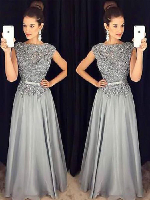 Bridelily A-Line Bateau Sleeveless Floor-Length With Applique Chiffon Dresses - Prom Dresses