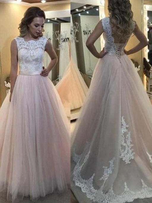 Bridelily A-Line Bateau Sleeveless Sweep/Brush Train Lace Tulle Dresses - Prom Dresses
