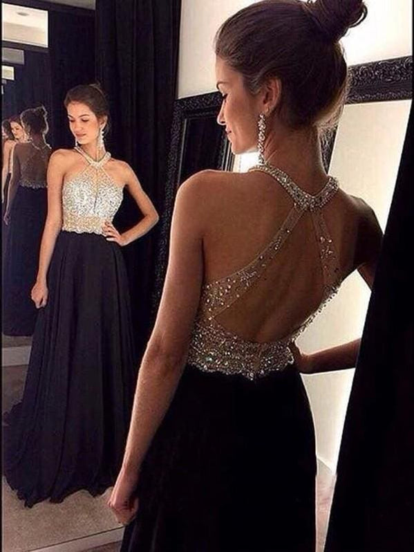 A Line Chiffon Beading Halter Sleeveless Prom Dresses LBQ3405 main image 0