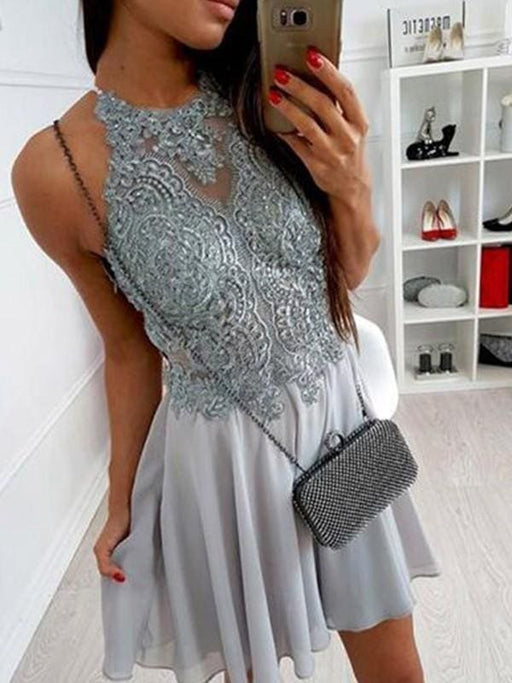 Bridelily A-Line Chiffon Halter With Applique Sleeveless Short/Mini Dresses - Prom Dresses