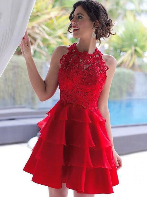 Bridelily A-Line Chiffon Jewel Sleeveless Short With Lace Prom Dresses - Prom Dresses