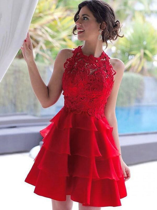 Bridelily A-Line Chiffon Jewel Sleeveless Short With Lace Prom Dresses - Prom Dresses