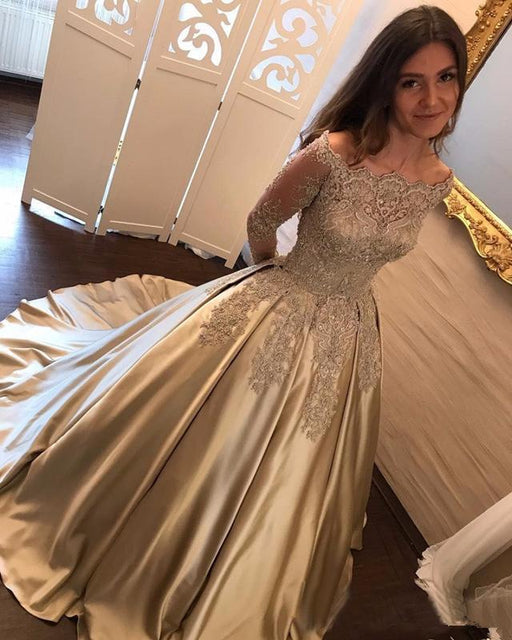Bridelily A-Line Evening Dresses Bateau Neck Long Sleeves Lace Appliques Prom Dresses - Prom Dresses