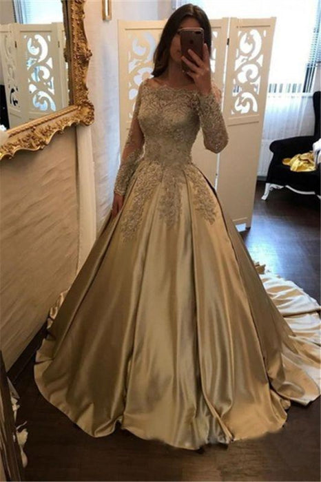 Bridelily A-Line Evening Dresses Bateau Neck Long Sleeves Lace Appliques Prom Dresses - Prom Dresses