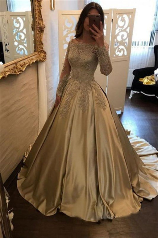 Bridelily A-Line Evening Dresses Bateau Neck Long Sleeves Lace Appliques Prom Dresses - Prom Dresses