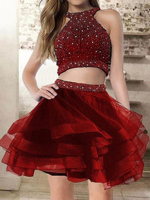 Bridelily A-Line Halter Sleeveless Short/Mini With Beading Organza Dresses - Prom Dresses