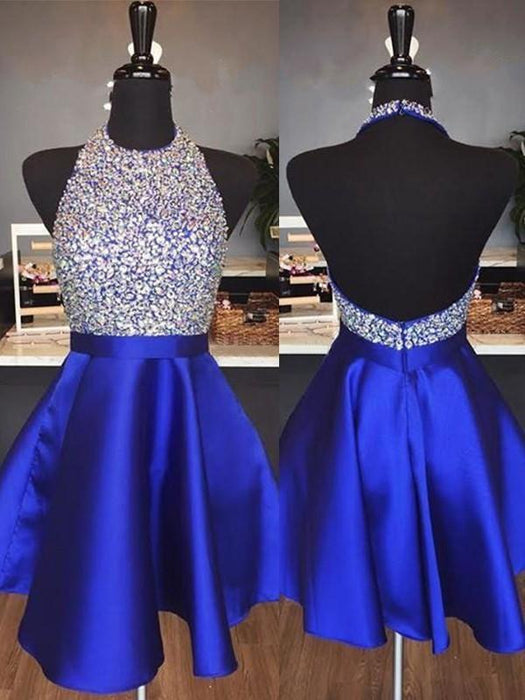 Bridelily A-Line Halter Sleeveless Short/Mini With Beading Satin Dresses - Prom Dresses
