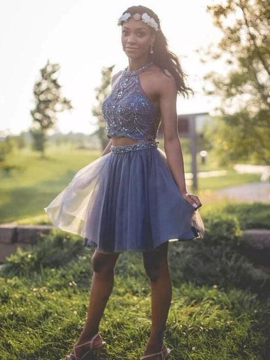 Bridelily A-Line Halter Sleeveless Short/Mini With Beading Tulle Dresses - Prom Dresses