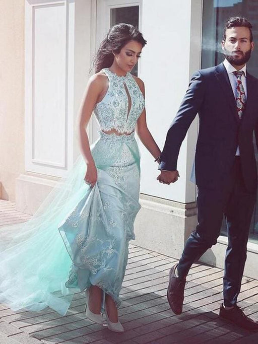 Bridelily A-Line Halter Sleeveless Sweep/Brush Train Lace Tulle Two Piece Dresses - Prom Dresses