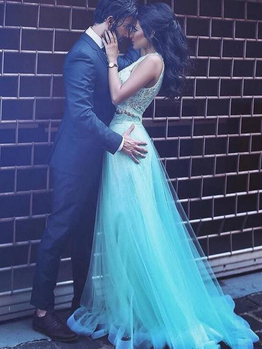 Bridelily A-Line Halter Sleeveless Sweep/Brush Train Lace Tulle Two Piece Dresses - Prom Dresses