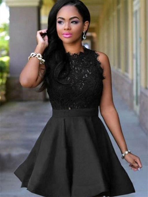Bridelily A-Line Jewel Sleeveless Short/Mini With Lace Satin Dresses - Prom Dresses