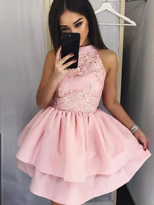 Bridelily A-Line Lace Jewel Sleeveless Satin Short/Mini Dresses - Prom Dresses